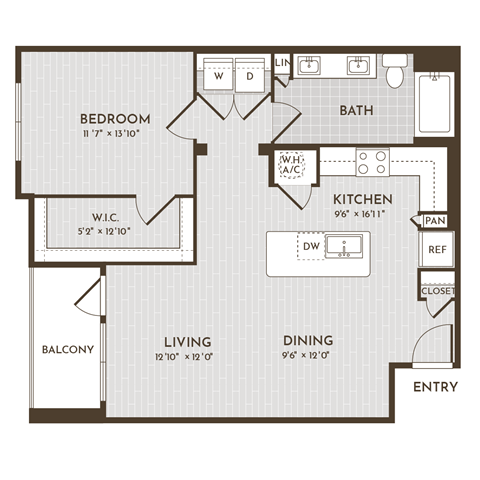 Floor plan for 1 bed, 1 bath, 874 sqft